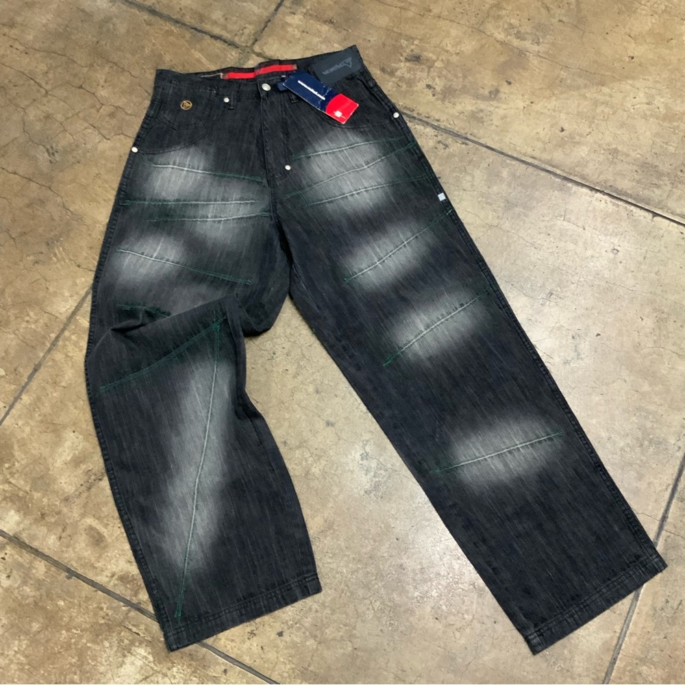 Men's Vokal Black Sandblast Green Stitching Denim Pants